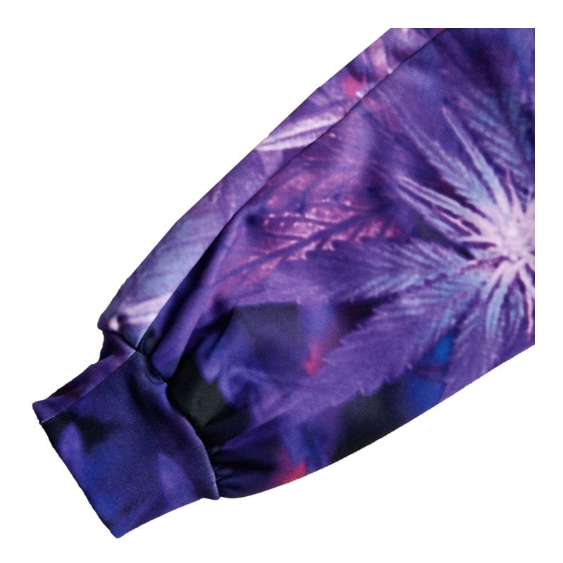 Purple fabric with a leaf pattern on a white background