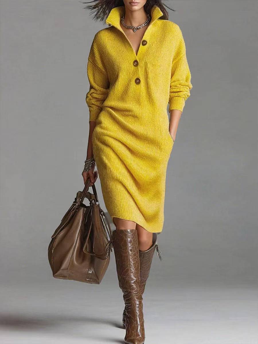 Long Sleeve Sweater Dress - V-Neck Button Pullover for Women | ST. VON'S FLAIR