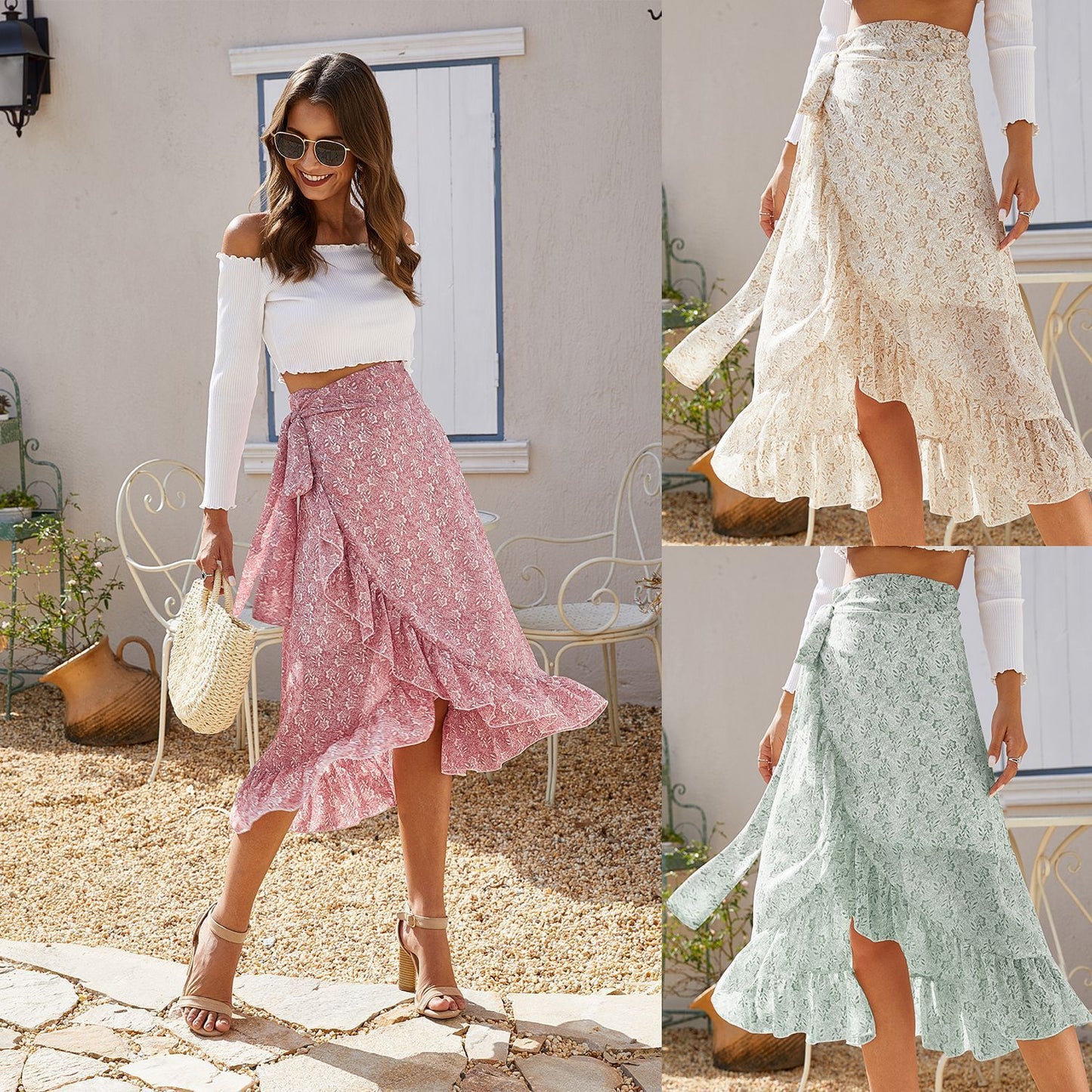 High Waist Floral Chiffon Skirt Knotted Hip | A-Line Wrap Split | ST VON'S FLAIR