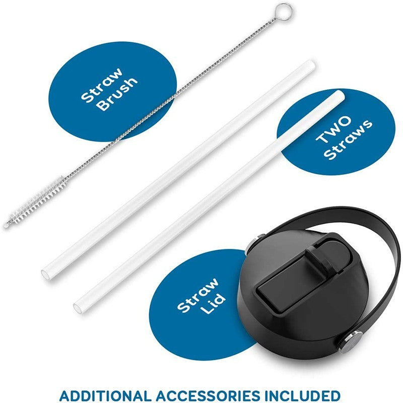 Set of additional accessories for a straw, including a brush, two straws, and a lid on a white background.
