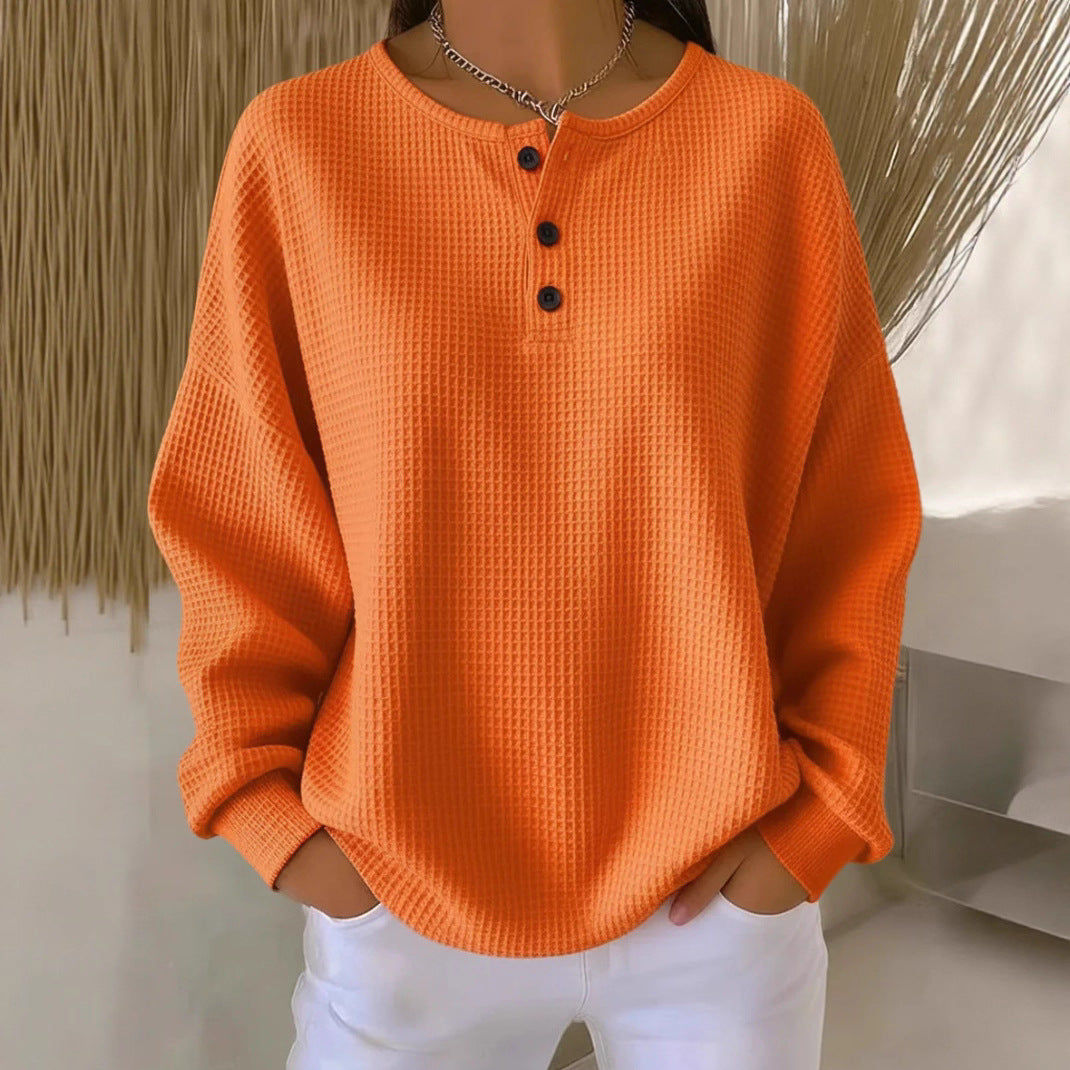Waffle Long Sleeve T-Shirt - Button Round Neck Pullover for Women | ST. VON'S FLAIR