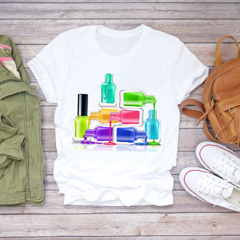 Women's Nail Art Graphic Tee - 90s Makeup Fingernail Print Summer T-Shirt | ST VON'S FLAIR