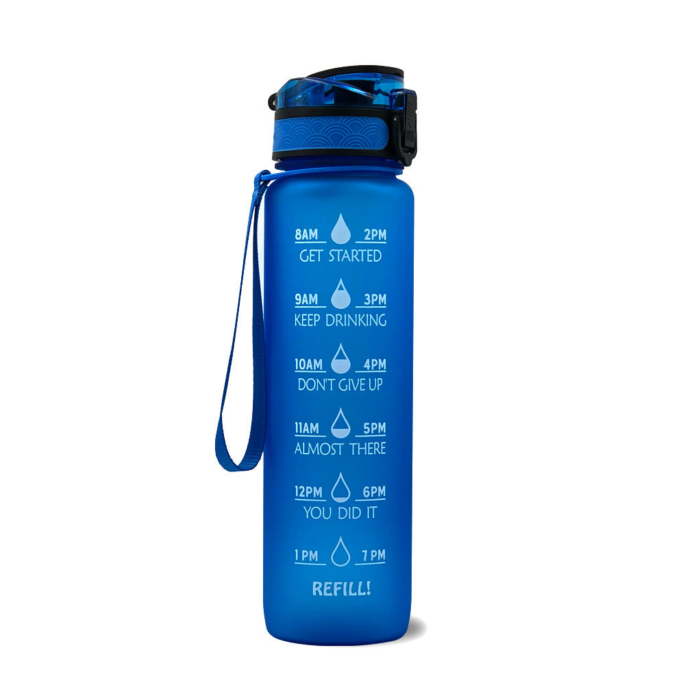 Blue water bottle with motivational time markers on a white background