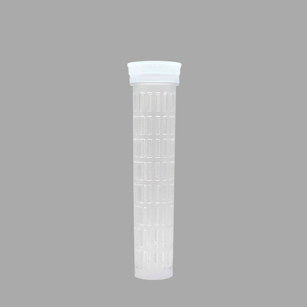 Clear cylindrical filter cartridge on a gray background