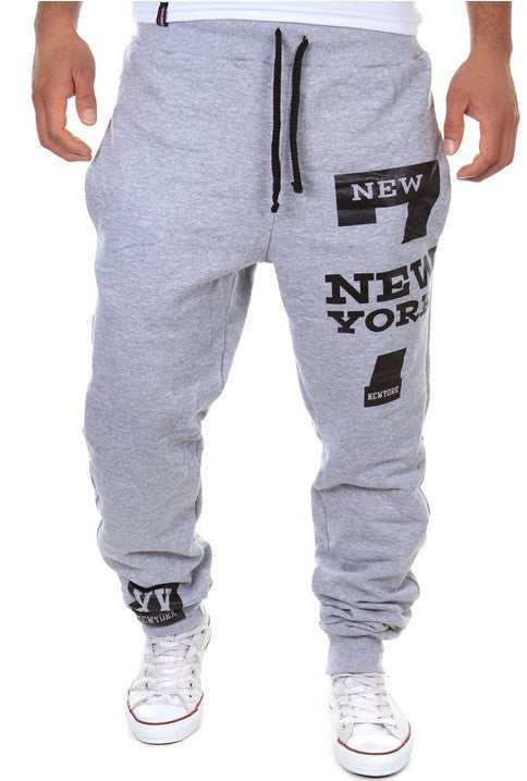 Gray sweatpants with 'New York' text and logo on a white background