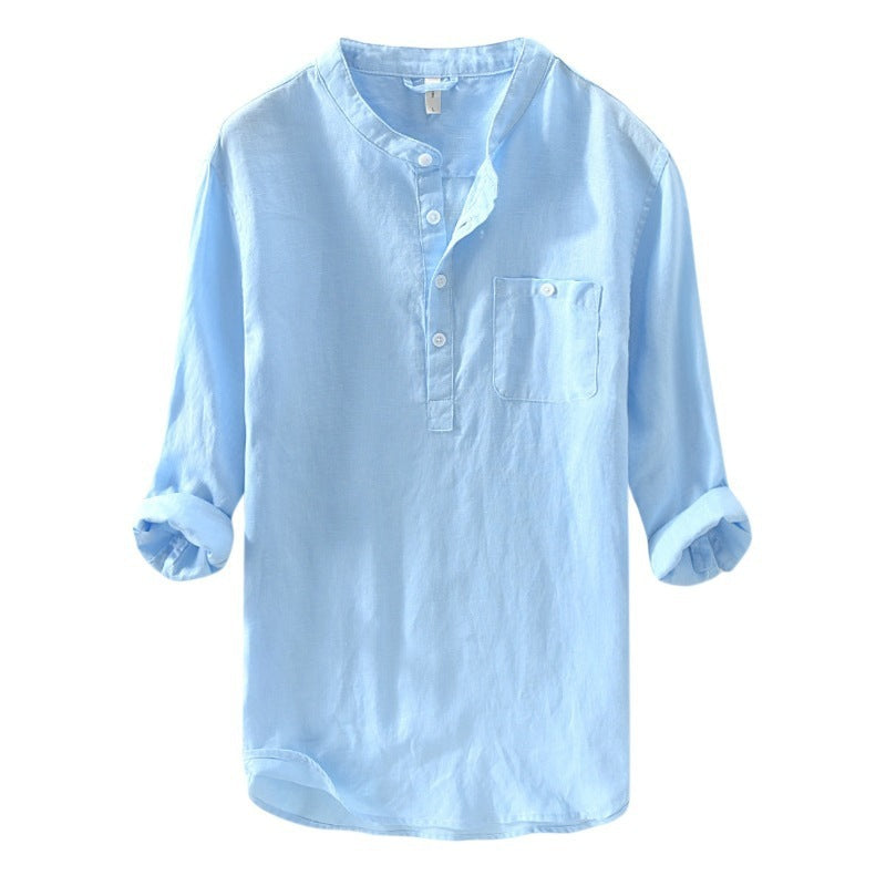 Pull-over Shirt Long Sleeve Roll-up Cotton Linen Unisex