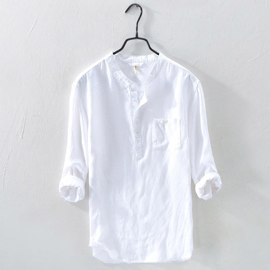 Pull-over Shirt Long Sleeve Roll-up Cotton Linen Unisex
