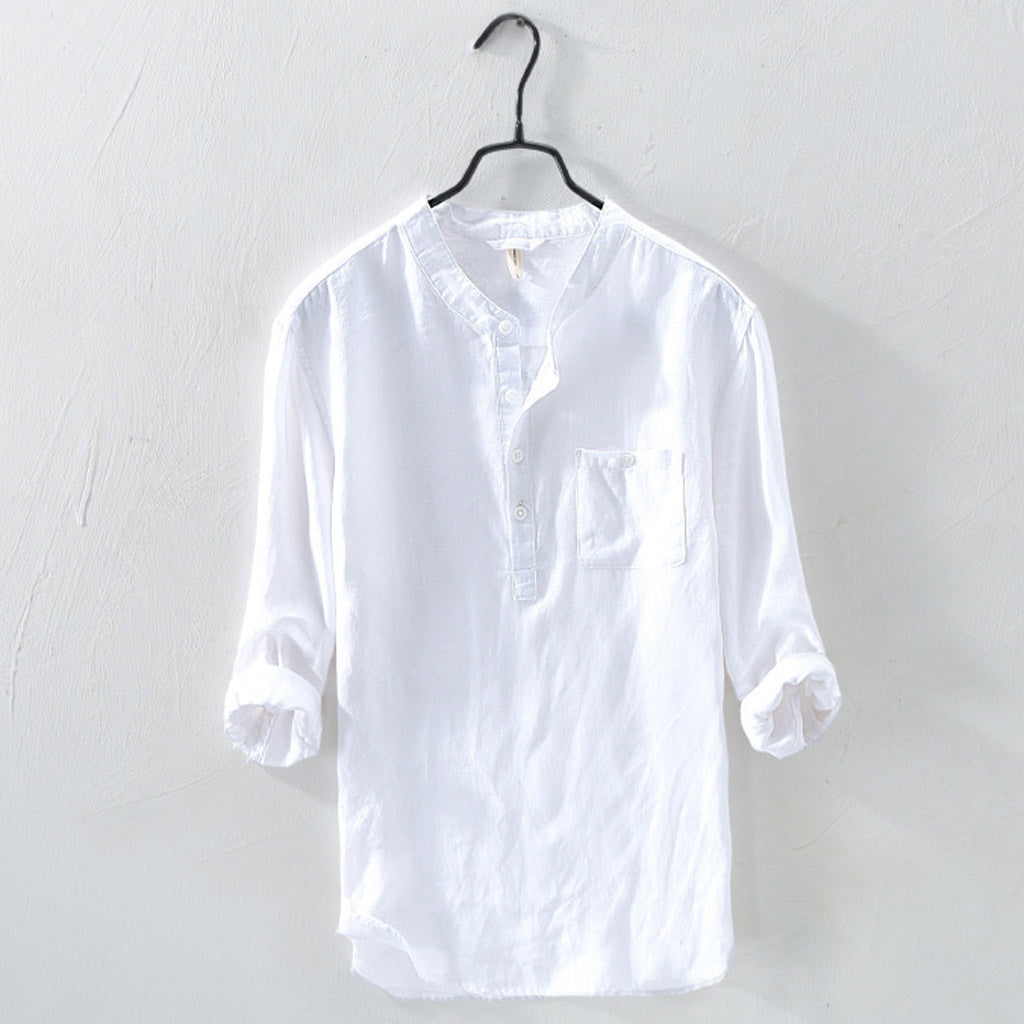 Pull-over Shirt Long Sleeve Roll-up Cotton Linen Unisex