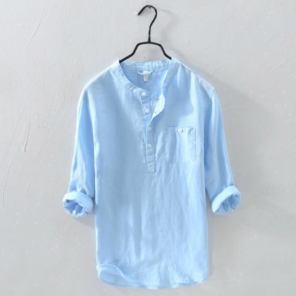 Pull-over Shirt Long Sleeve Roll-up Cotton Linen Unisex