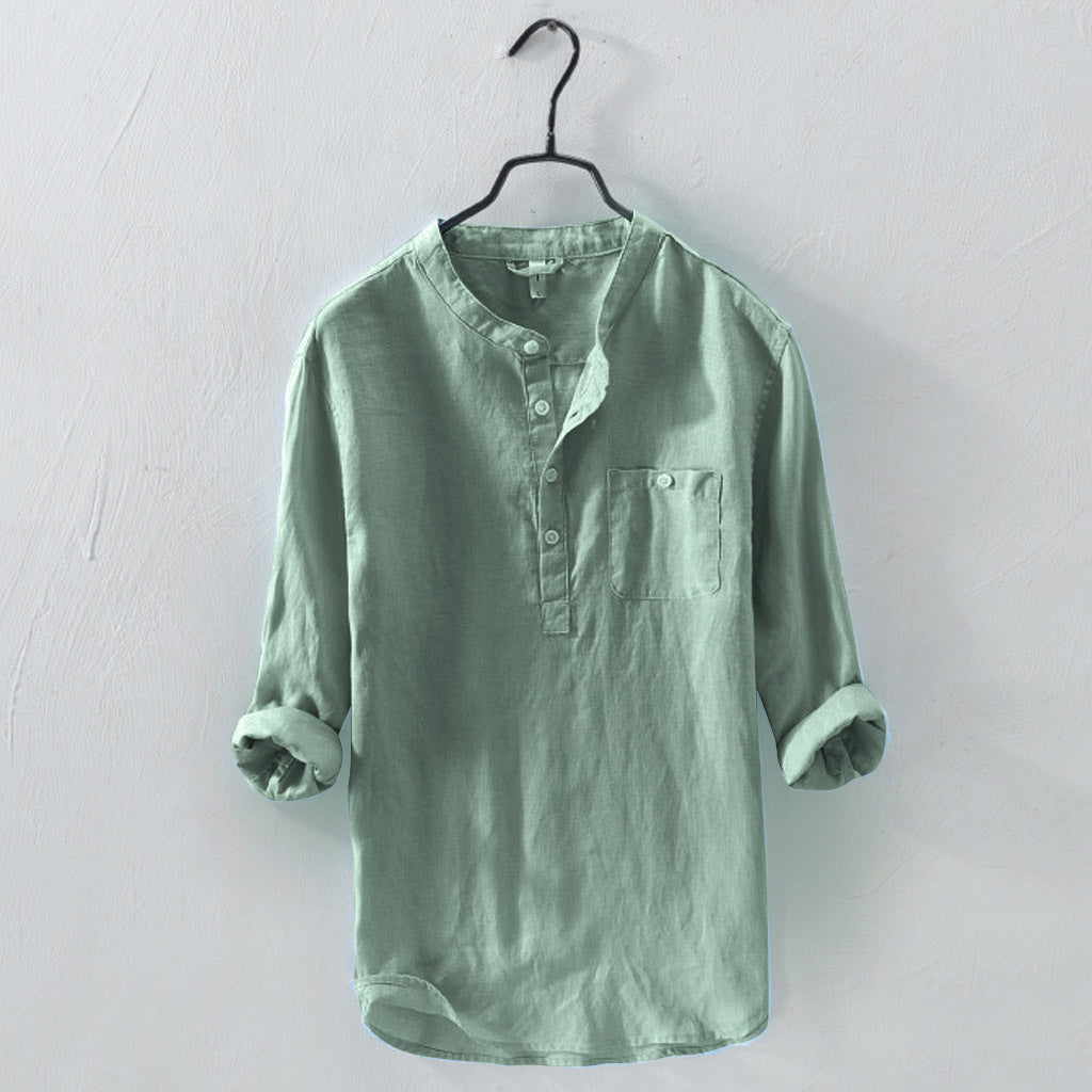 Pull-over Shirt Long Sleeve Roll-up Cotton Linen Unisex
