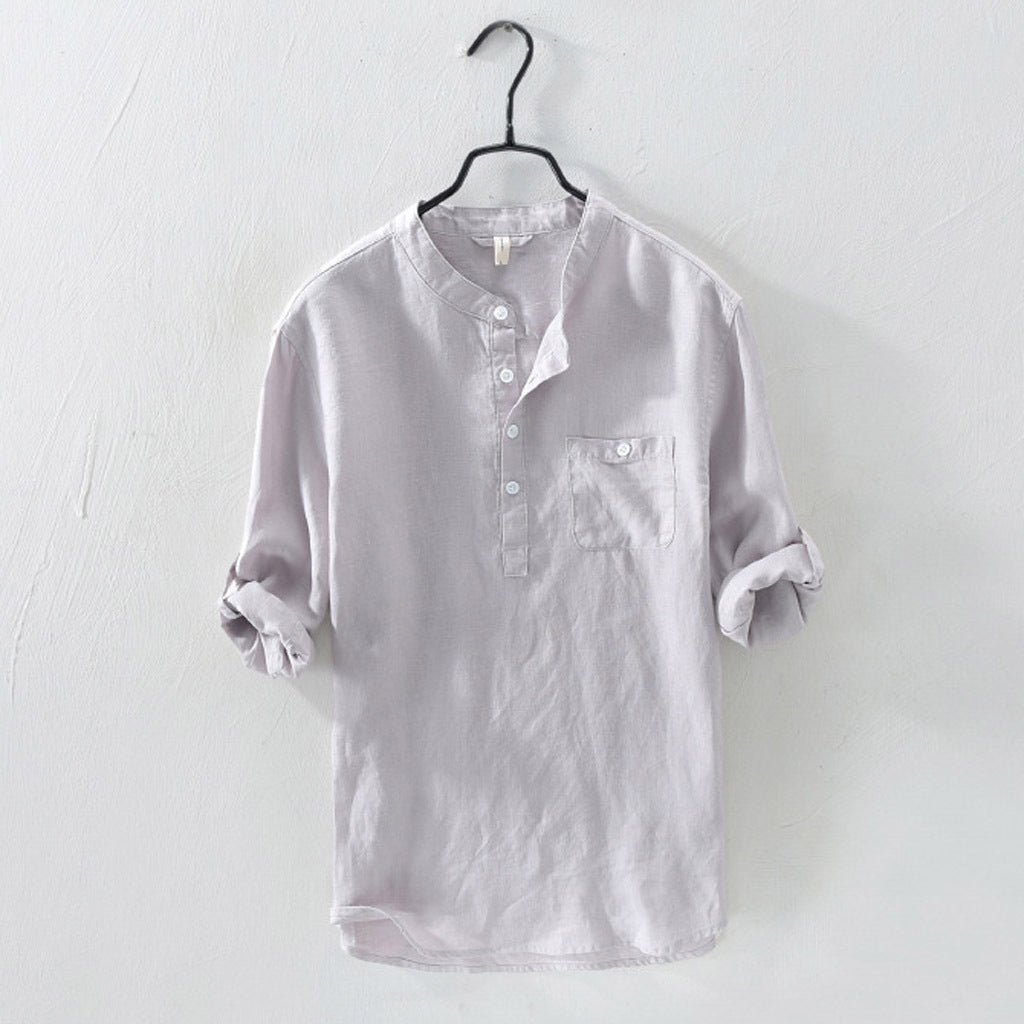 Pull-over Shirt Long Sleeve Roll-up Cotton Linen Unisex