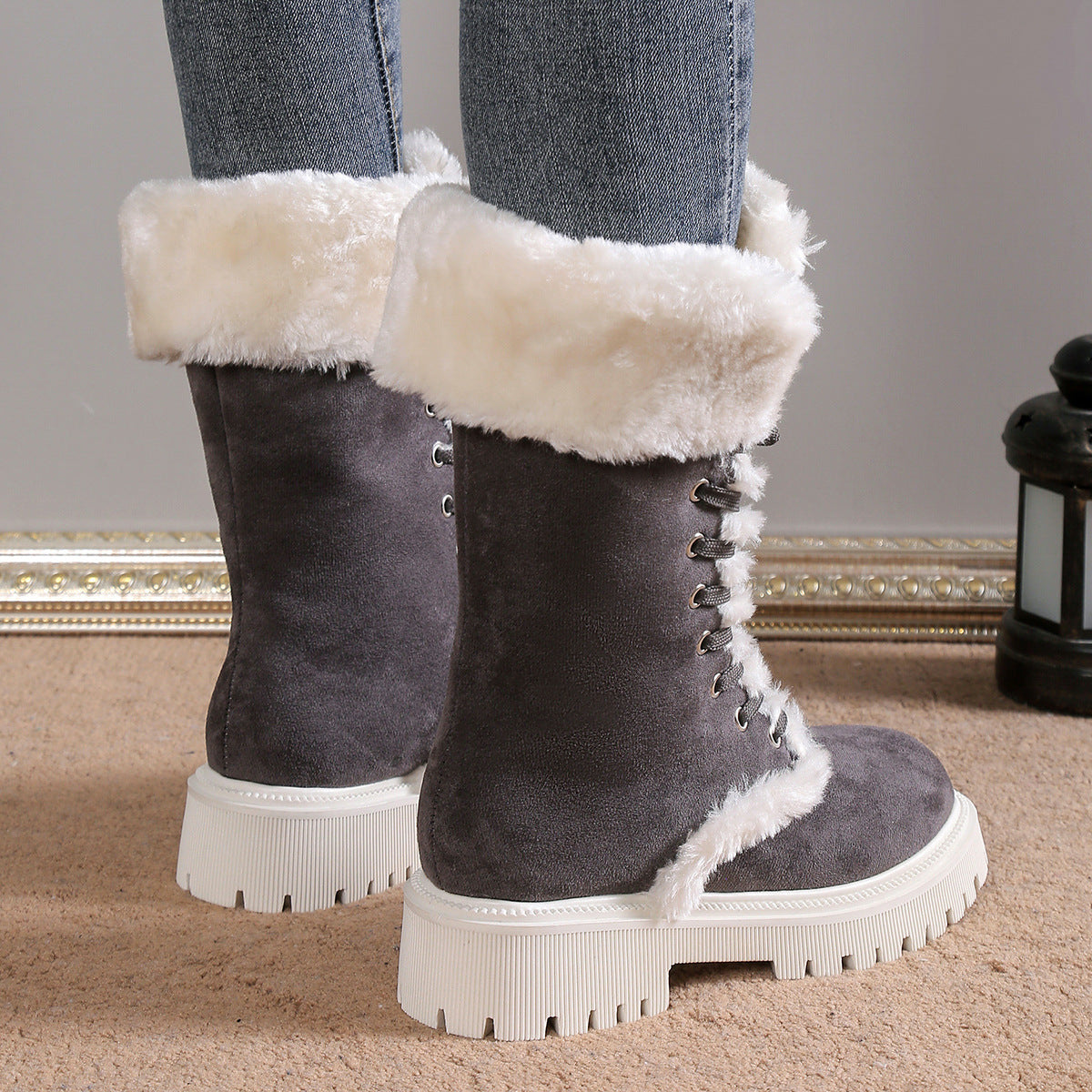 Winter Lace-up Snow Boots for Women Mid-Tube Fleece Shoes Warm Chunky Heels Plush Boot