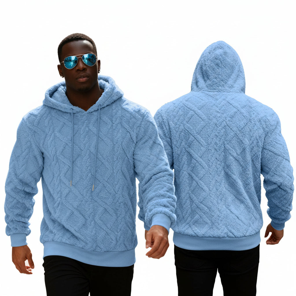 Light blue textured hoodie worn by a model on a white background