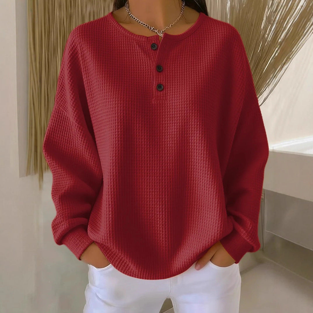 Waffle Long Sleeve T-Shirt - Button Round Neck Pullover for Women | ST. VON'S FLAIR