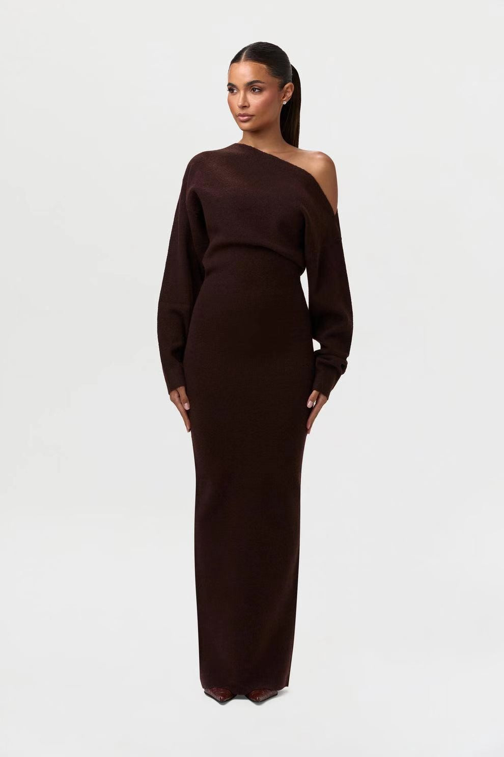Slim Long Sleeve Knitted Dress Evening Party Sexy Off-shoulder Bodycon Long Dresses