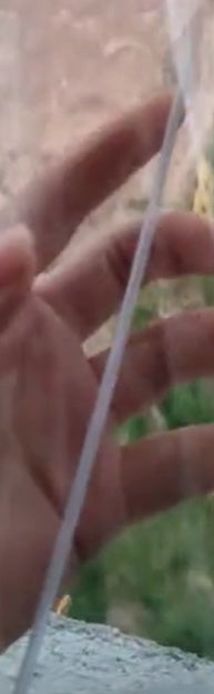 Hand holding a white string or thread against a blurred natural background