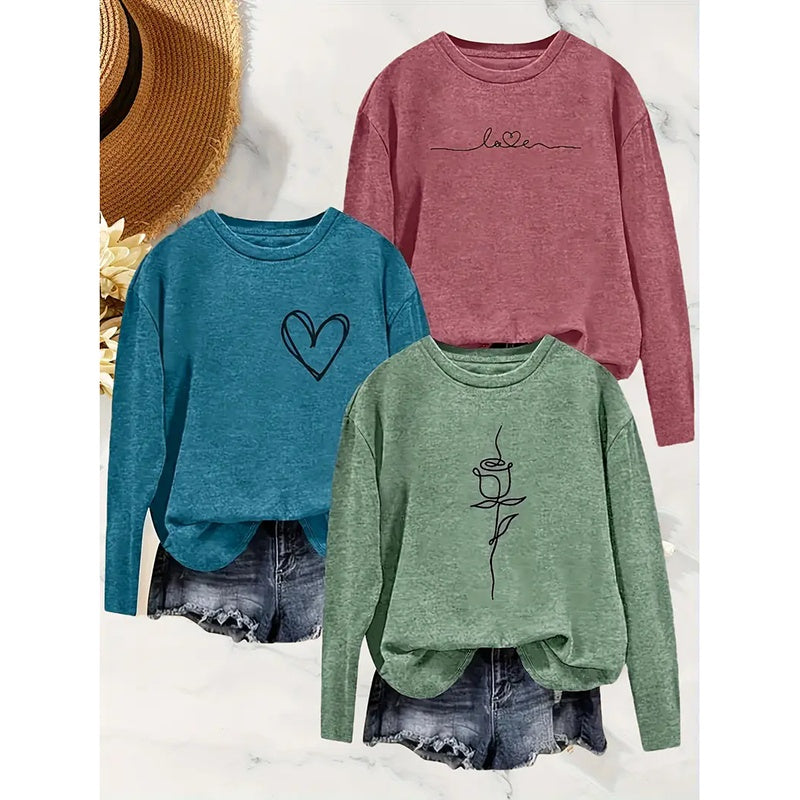 Women's 3-Pack Graphic Tee Long Sleeve Tops - Casual Loose V Neck T Shirts | ST VON'S FLAIR