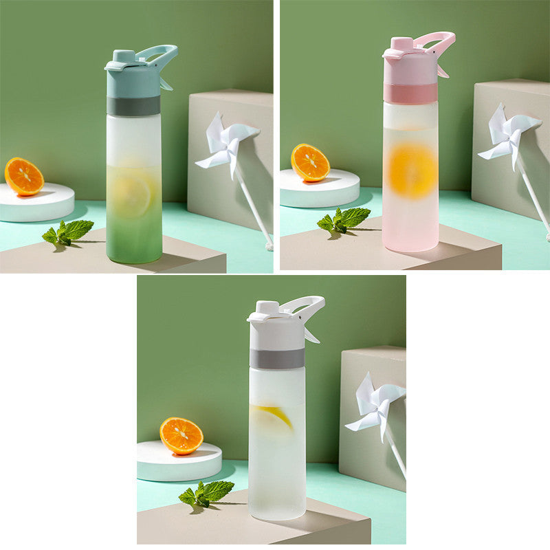 Collage of three water bottles with colorful infusers on a light green background.