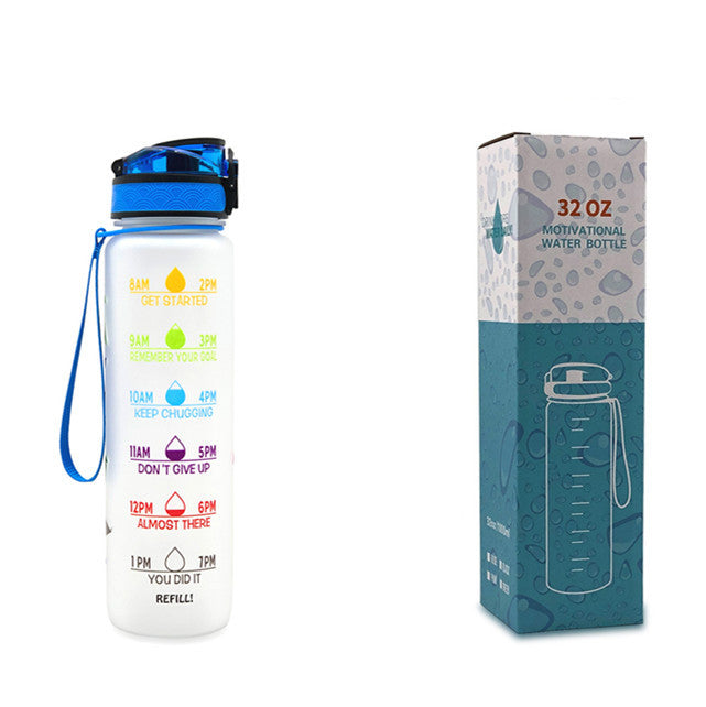 Motivational water bottle with blue cap and measurement markings, alongside its packaging on a white background.