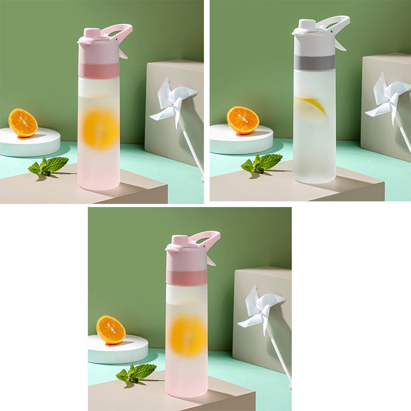 Collage of a pink water bottle with lemon slices on a green background