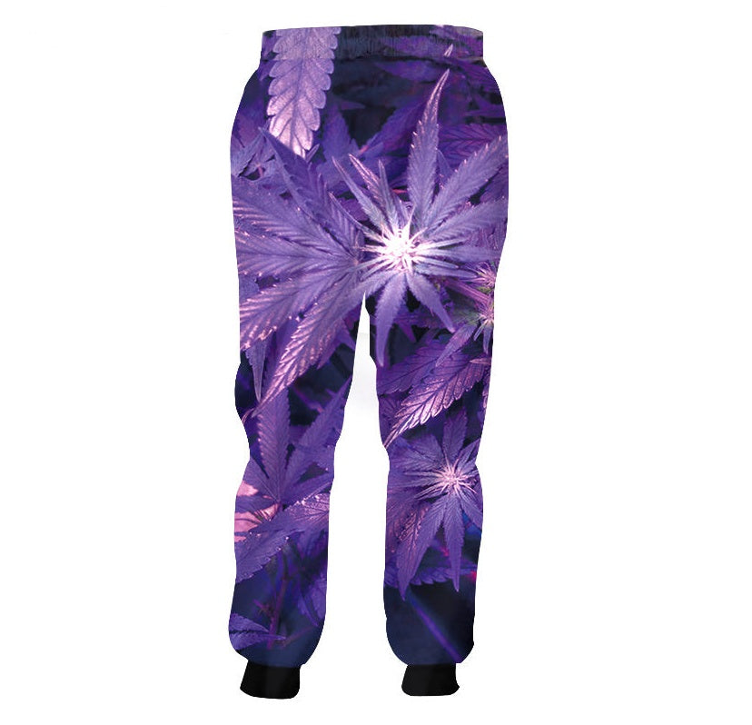 Purple cannabis leaf patterned pants on a white background