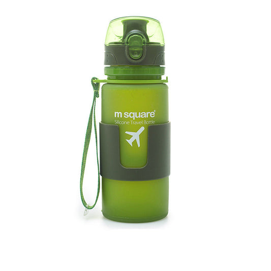 Green water bottle with 'm square' branding on a white background