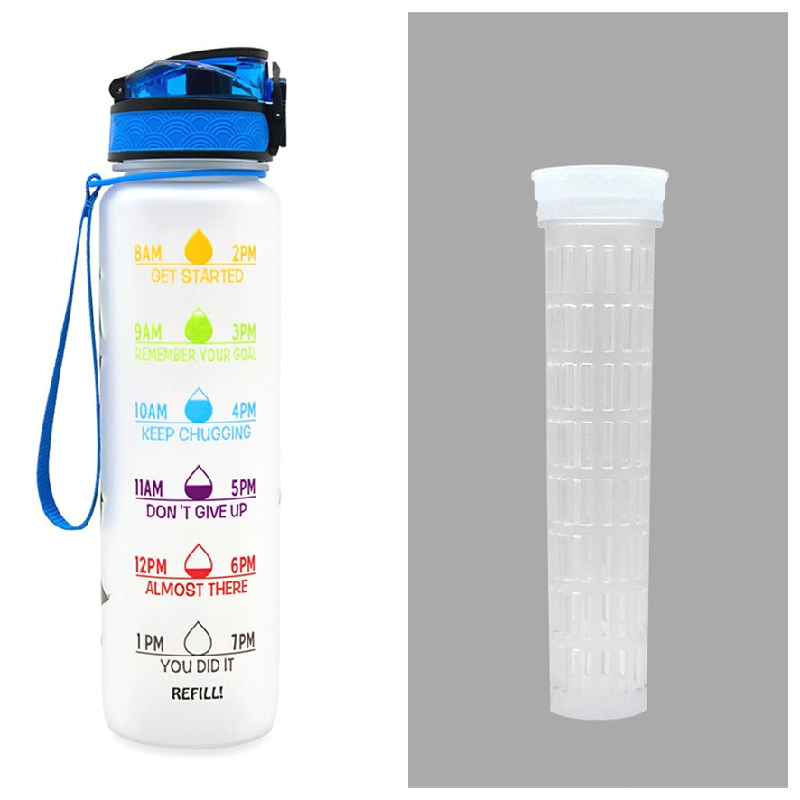 Motivational water bottle with time markers and a detachable filter on a white background