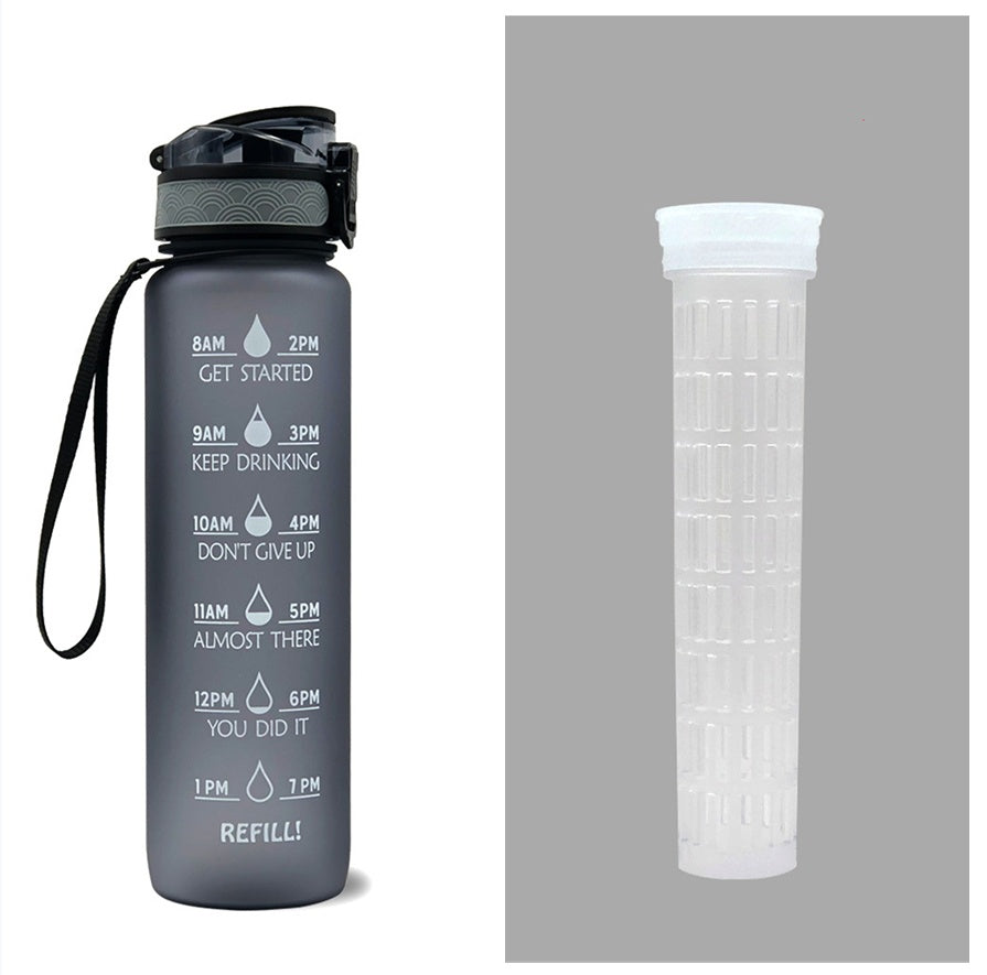 Gray water bottle with time markers and a white filter cartridge on a gray background