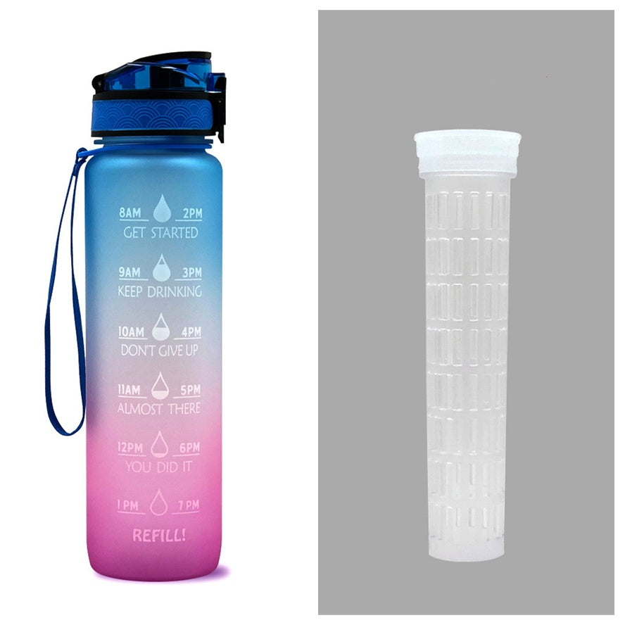 Gradient blue to pink water bottle with time markers and a white filter on a gray background