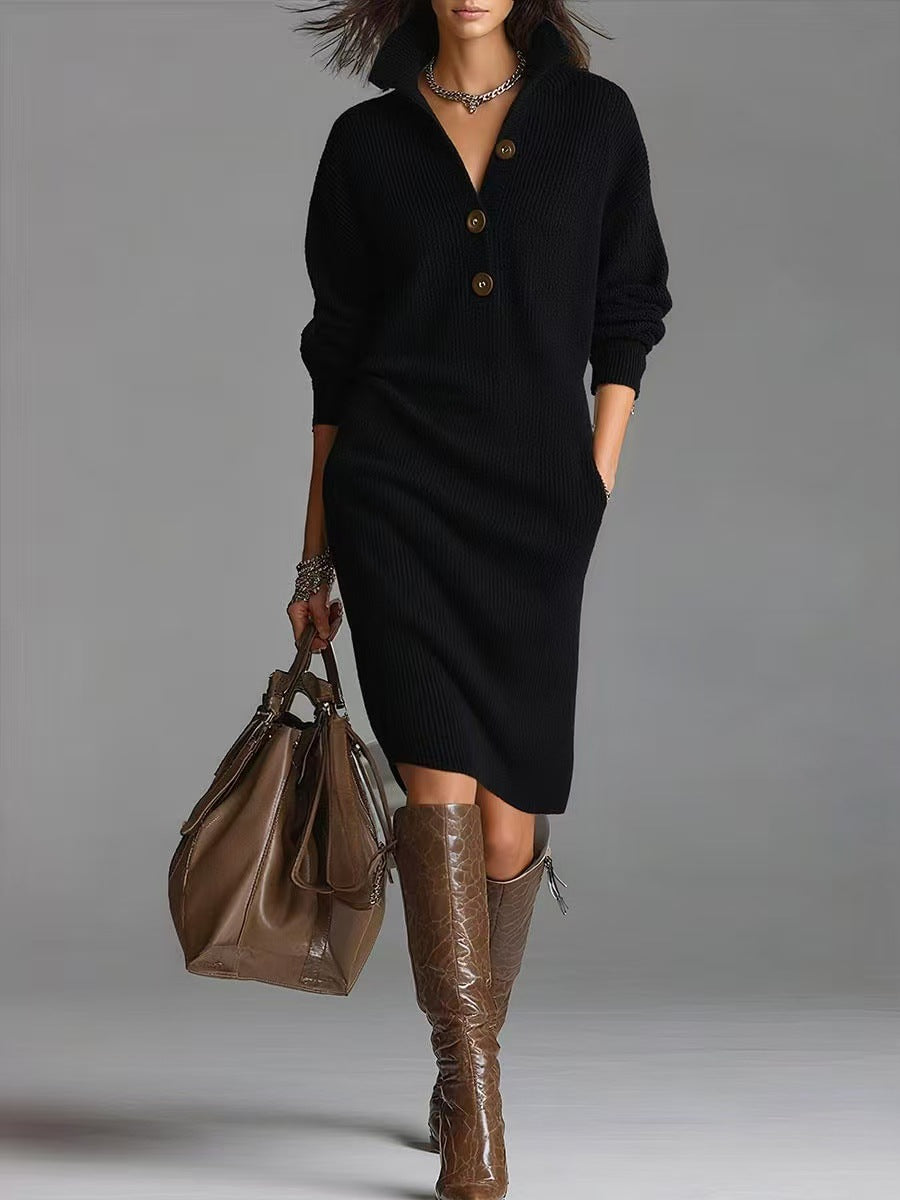 Long Sleeve Sweater Dress - V-Neck Button Pullover for Women | ST. VON'S FLAIR