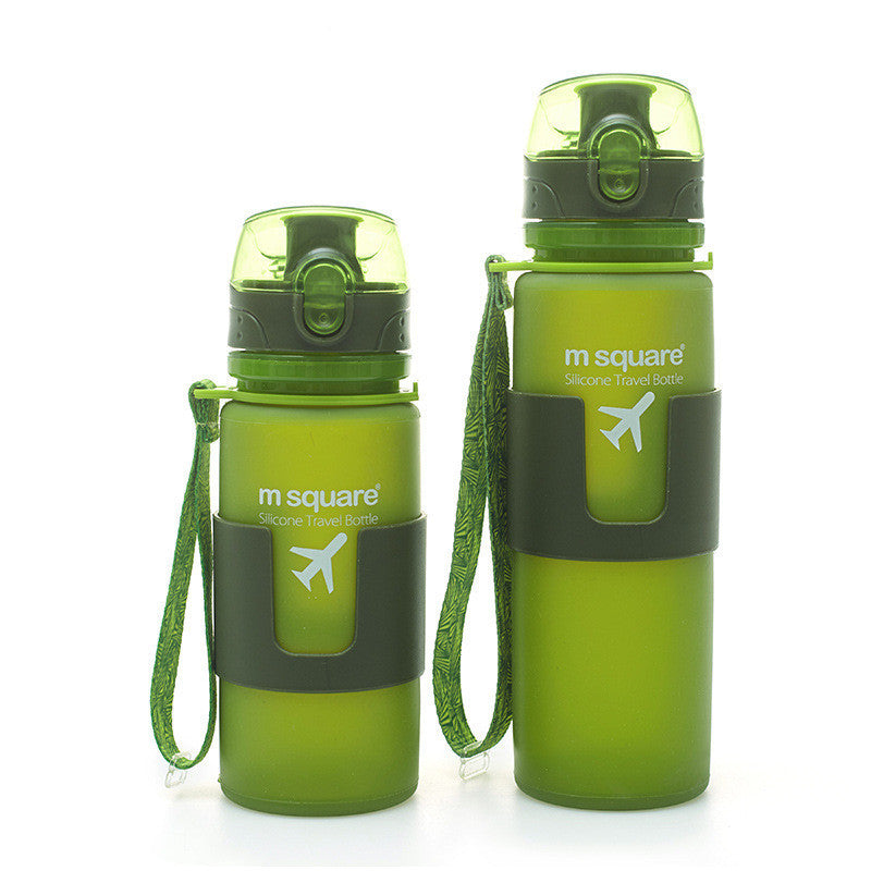 Two green water bottles with 'm square' branding on a white background