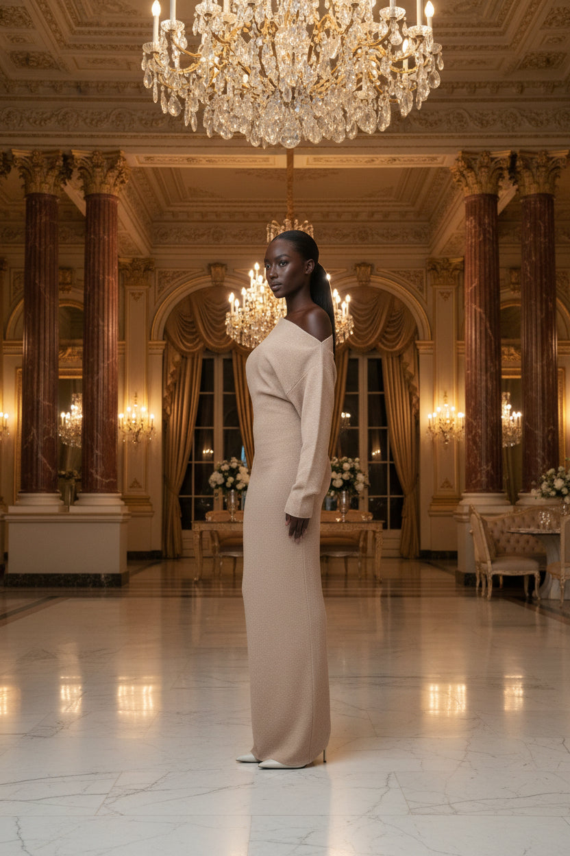 Woman wearing a beige off-shoulder dress on a white background