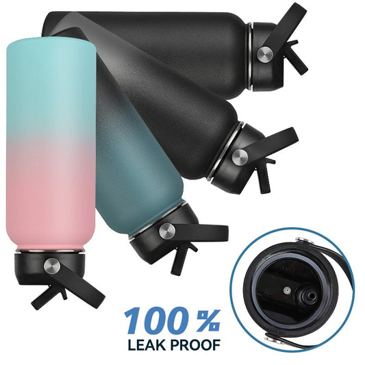 Gradient water bottle with black cap and 100% leak proof text on a white background