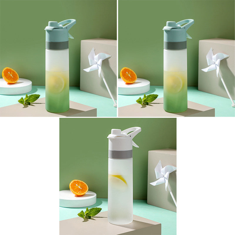 Collage of a gradient water bottle with lemon and orange slices on a green background