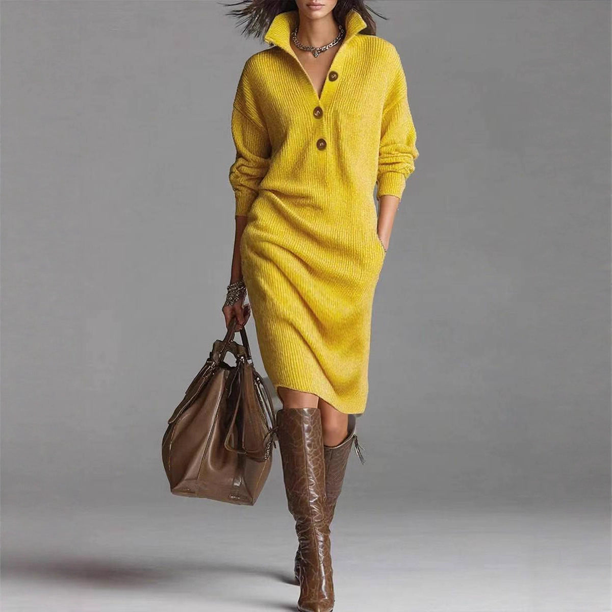 Long Sleeve Sweater Dress - V-Neck Button Pullover for Women | ST. VON'S FLAIR