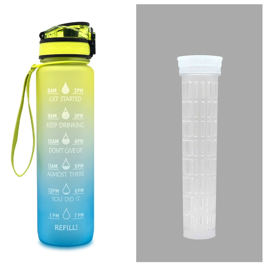 Gradient water bottle with motivational time markers and a filter cartridge on a gray background