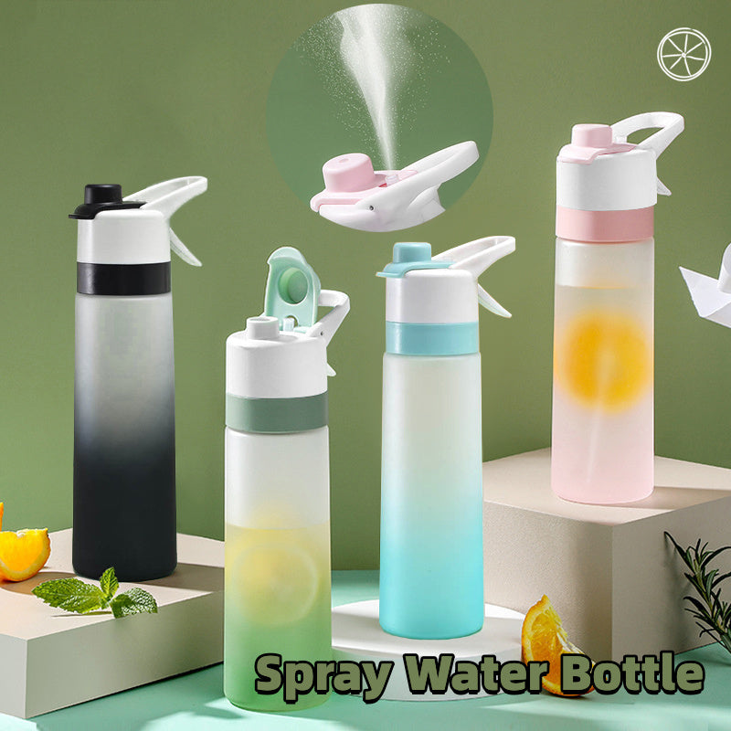 Set of spray water bottles with gradient designs on a green background