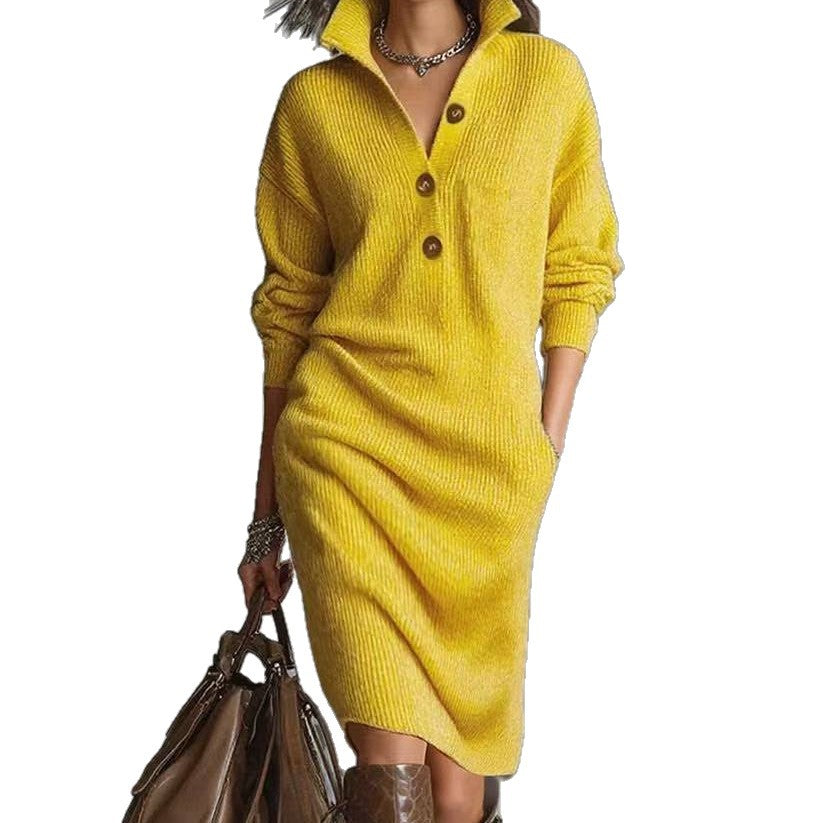 Long Sleeve Sweater Dress - V-Neck Button Pullover for Women | ST. VON'S FLAIR