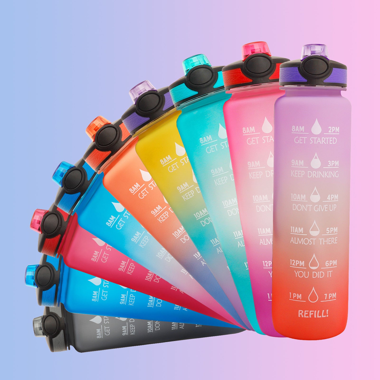 Set of colorful water bottles with motivational text on a gradient background