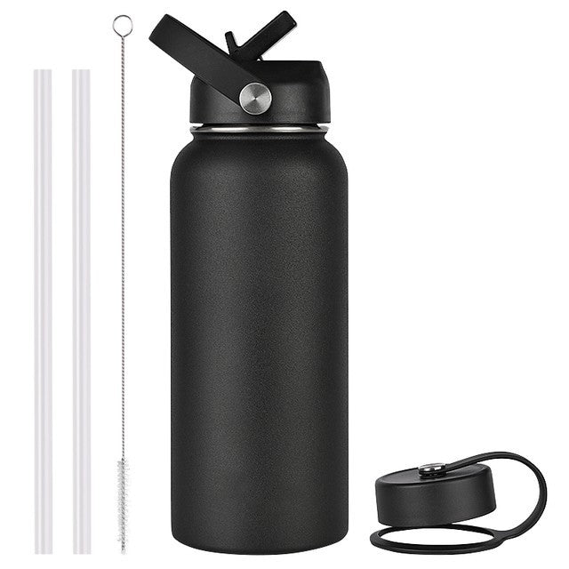 Black water bottle with straw and additional cap on a white background