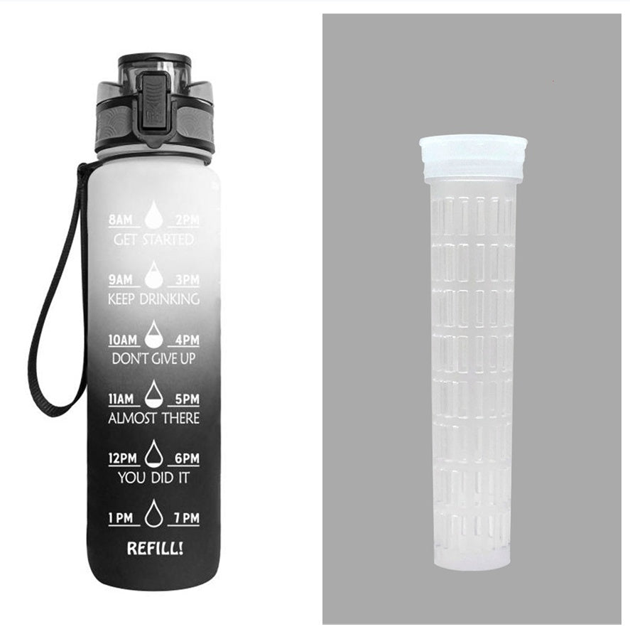 Motivational water bottle with time markers and detachable filter on a gray background