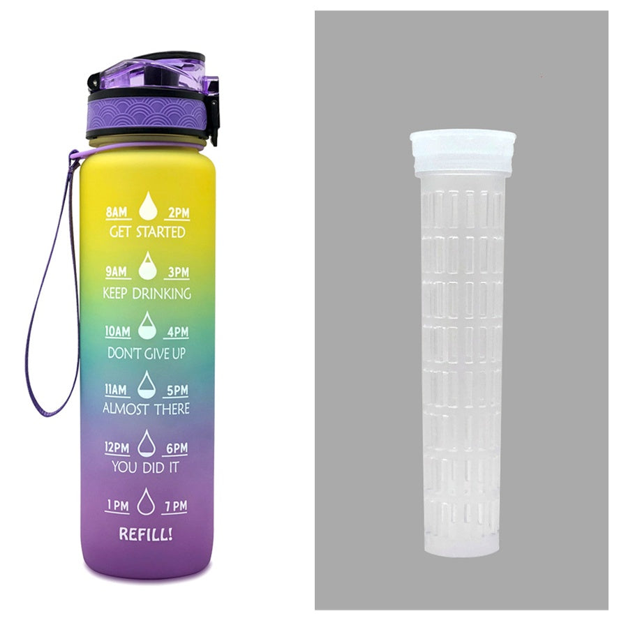 Gradient water bottle with motivational time markers and a detachable filter on a gray background