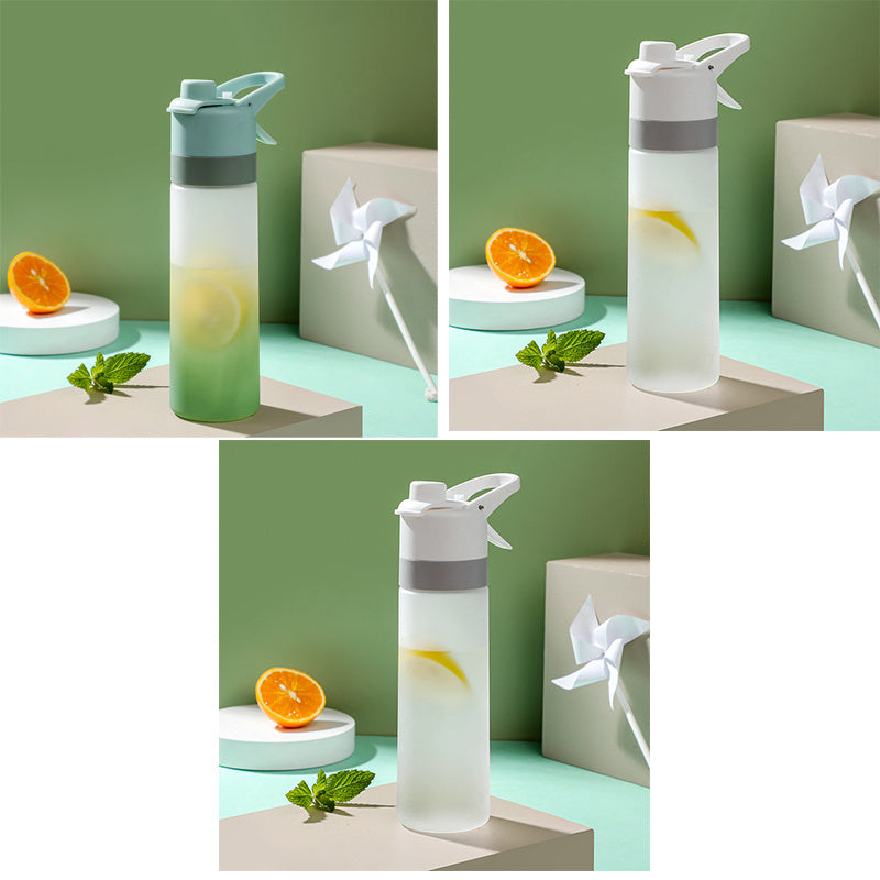 Collage of three water bottles with lemon slices and oranges on a green background