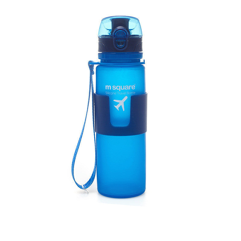 Blue water bottle with navy accents and 'm square' branding on a white background