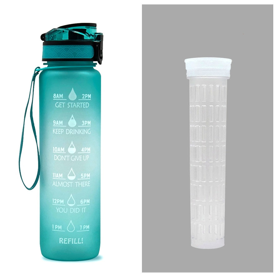 Teal water bottle with time markers and a detachable white filter on a gray background