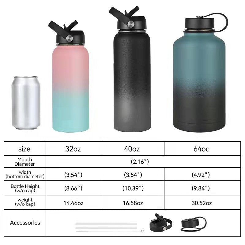 Gradient water bottles in pink to blue, black to gray, and blue to green with size chart on a white background.