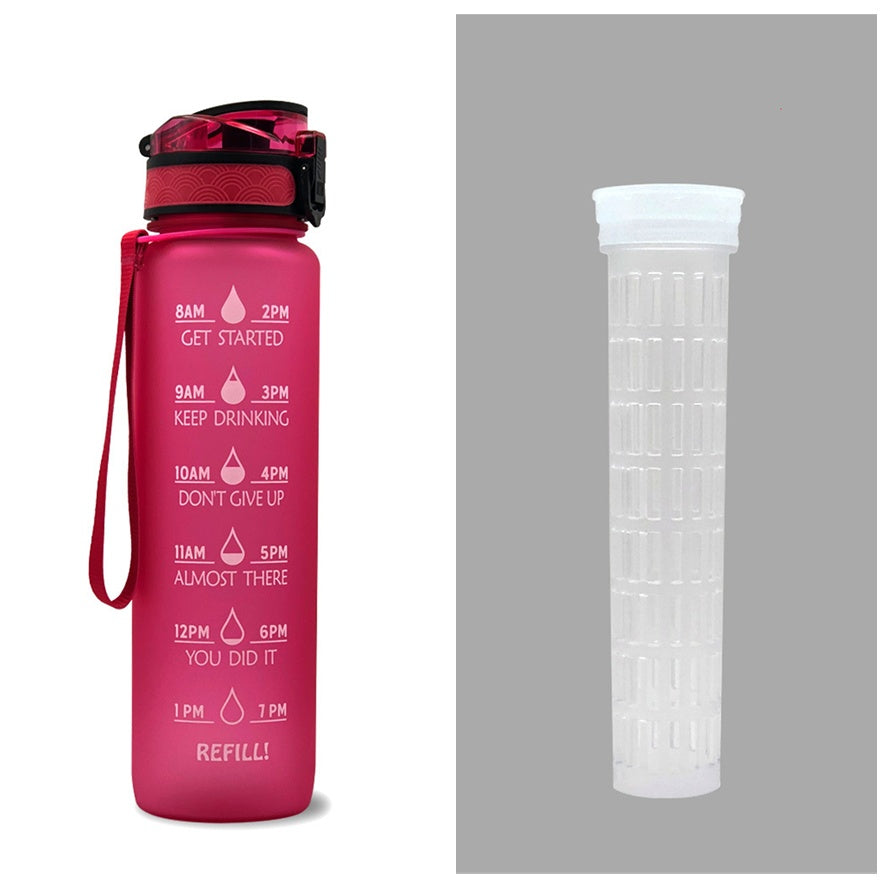 Pink water bottle with time markers and a white filter on a gray background