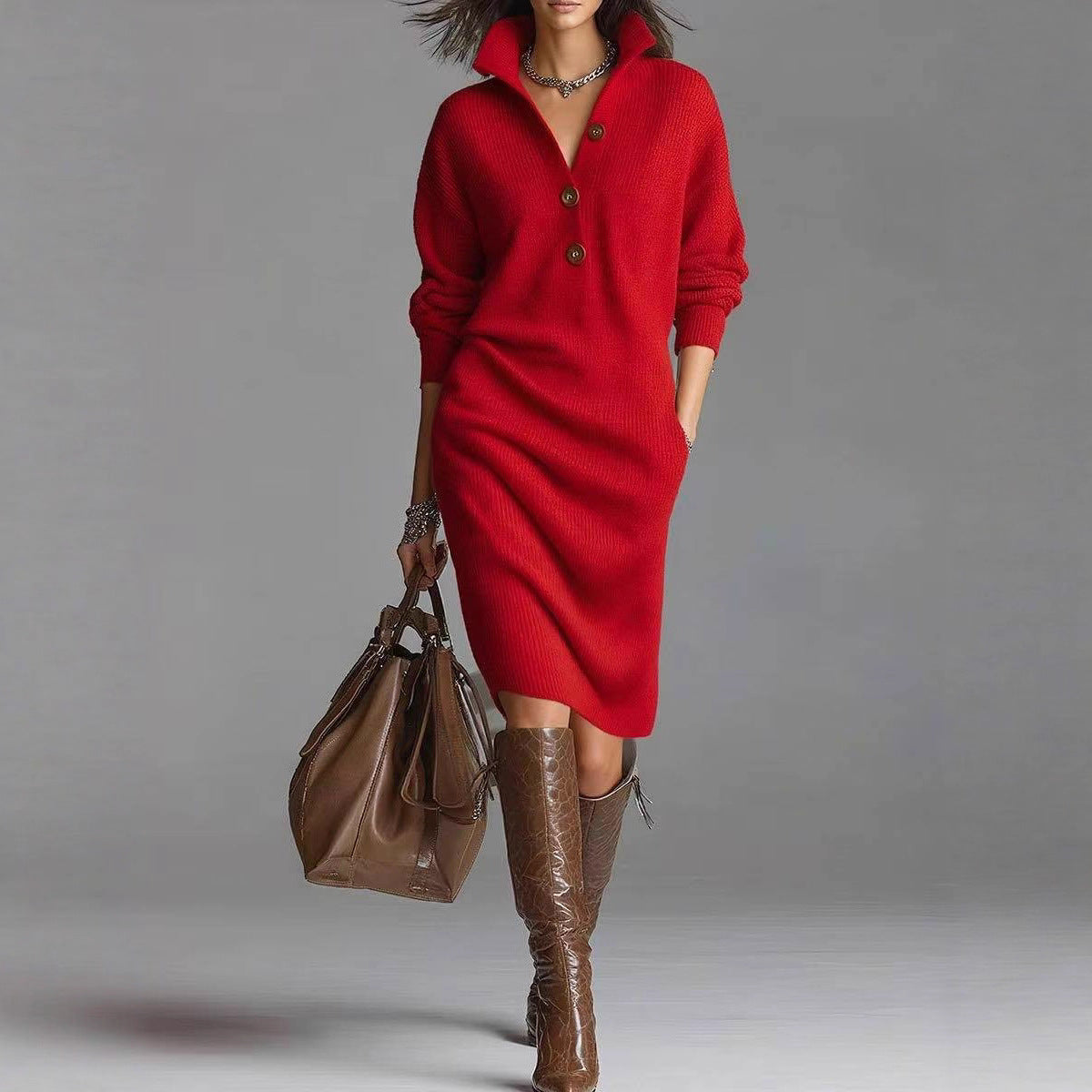 Long Sleeve Sweater Dress - V-Neck Button Pullover for Women | ST. VON'S FLAIR