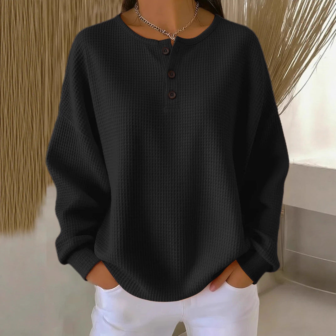 Waffle Long Sleeve T-Shirt - Button Round Neck Pullover for Women | ST. VON'S FLAIR