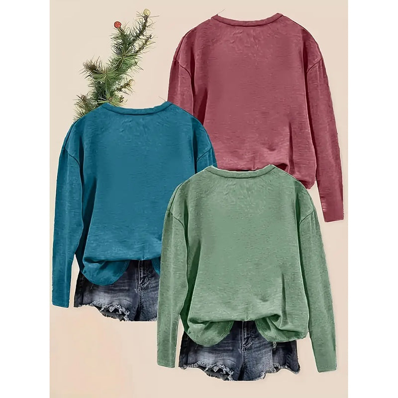 Women's 3-Pack Graphic Tee Long Sleeve Tops - Casual Loose V Neck T Shirts | ST VON'S FLAIR
